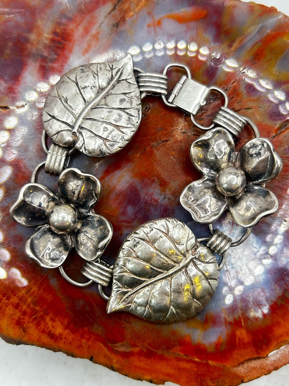 Vintage Sterling Silver Floral Bracelet - 7 inches